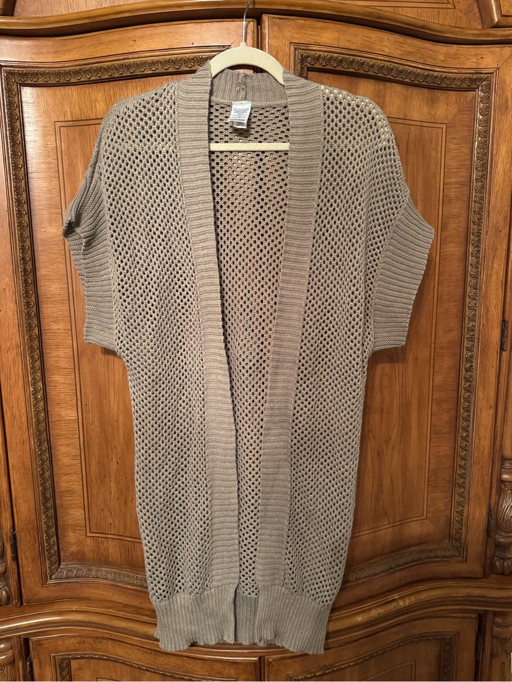 Women’s S/M Taupe Metallic Open Knit Long Duster Cardigan Boho Dolman Sweater